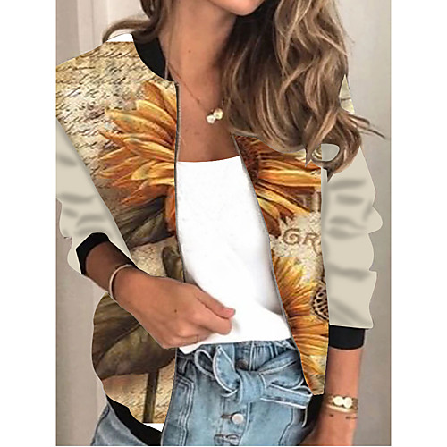 

Women's Plants Print Active Spring & Fall Jacket Regular Daily Long Sleeve Air Layer Fabric Coat Tops White