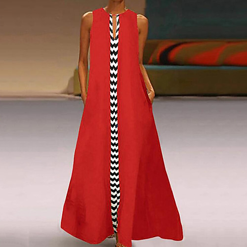 

Women's Shift Dress Maxi long Dress Black Red Sleeveless Striped Spring Summer Round Neck Boho 2021 S M L XL XXL