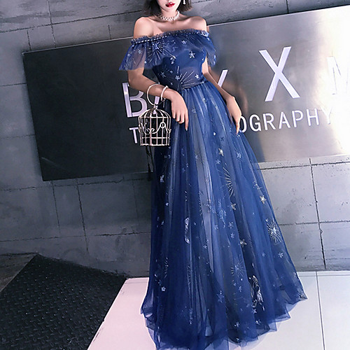 

A-Line Sparkle Elegant Prom Formal Evening Dress Off Shoulder Short Sleeve Floor Length Tulle with Tier Embroidery 2022