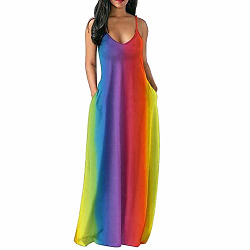 

gowom rainbow print long dress women straps v neck sleeveless pockets boho maxi dress (multicolor,x-large)