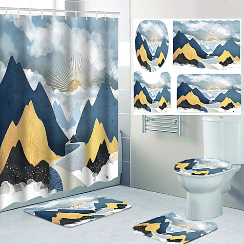 

Sunrise Mountain Stone Bridge Baiyun Comics Bathroom Shower Curtain Leisure Toilet Four-piece Set Including Hooks Cushions