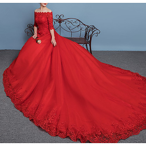 

Princess Ball Gown Wedding Dresses Off Shoulder Chapel Train Lace Tulle Half Sleeve Formal Romantic with Appliques 2021