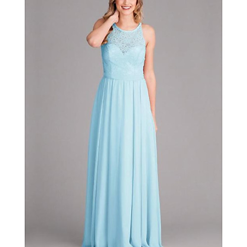 

A-Line Jewel Neck Floor Length Chiffon / Lace Bridesmaid Dress with Pleats