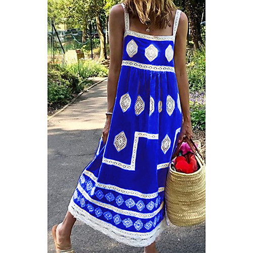 

Women's Strap Dress Maxi long Dress Blue Red Green Gray Sleeveless Solid Color Geometric Print Spring Summer Square Neck Casual 2021 S M L XL XXL