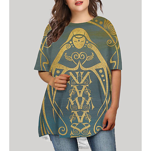 

Women's Plus Size Print Tribal Print Basic Half Sleeve Fall Short Mini Dress T Shirt Dress Tee Dress Blue