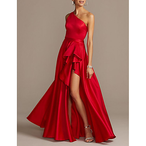 

A-Line Beautiful Back Sexy Prom Formal Evening Dress One Shoulder Sleeveless Asymmetrical Satin with Pleats Split 2021