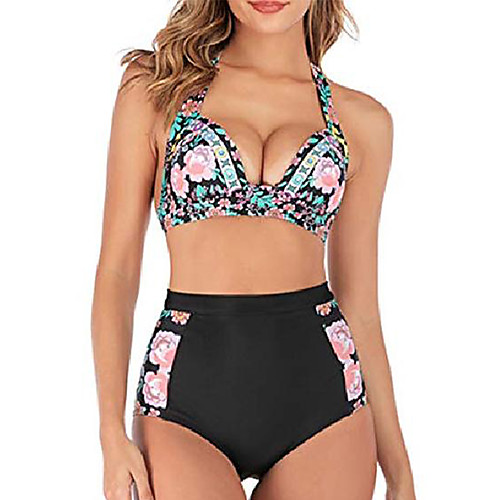 

Women's 2 Piece Swimsuits Floral Print Halter High Waisted Bikini Sets (Black, X-Large (US 8-10))