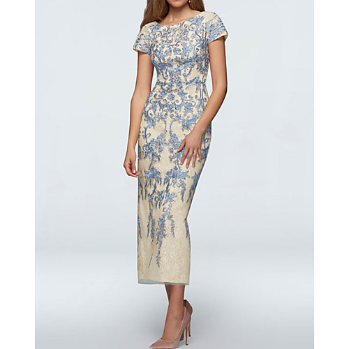 

Sheath / Column Mother of the Bride Dress Elegant Jewel Neck Ankle Length Lace Satin Short Sleeve with Appliques Split Front 2021