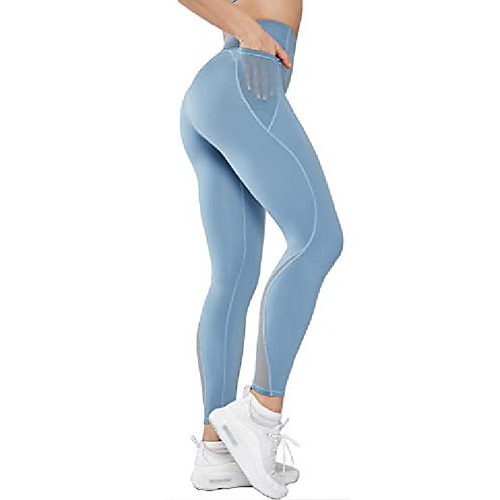 

Womens Yoga Pants with Pockets High Waist Sports Gym Athletic Running Pants Leggings with Mesh(Blue,OneSize)