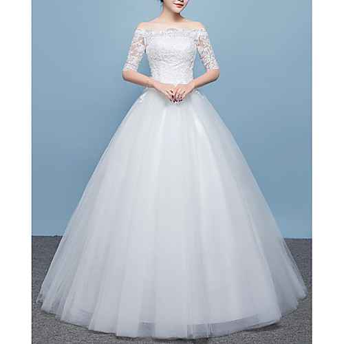 

Princess A-Line Wedding Dresses Off Shoulder Floor Length Lace Tulle Half Sleeve Romantic with Pleats Appliques 2021