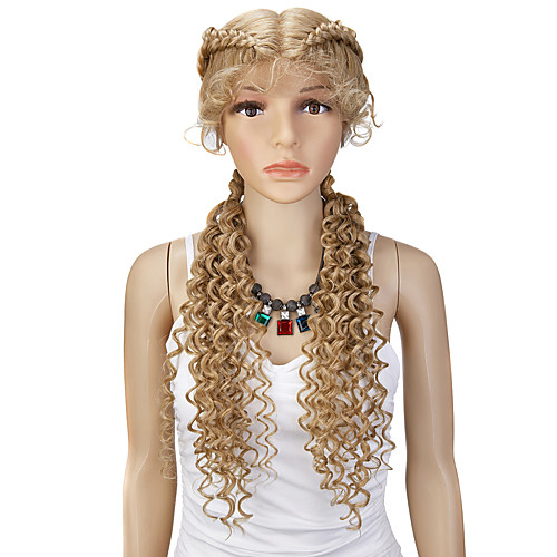 

Twin Curl Tails Lace Front Wig Braid Curly Ends Braids Middle Part Japan-made Synthetic Wig with Baby Hair Blonde Braid Wigs 28 Inch