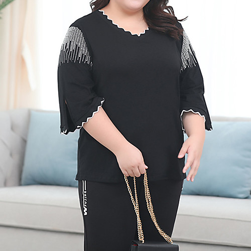 

Women's Plus Size Patchwork Plain Blouse Large Size V Neck 3/4 Length Sleeve Streetwear Tops 3XL 4XL 5XL Black Big Size / Cotton