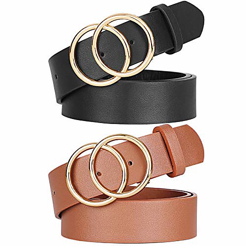 

women leather double o-ring belt fashion golden designer buckle belt for jeans pants dresses by , blackbrown, s 31-35 inches