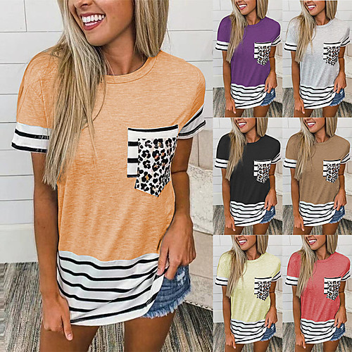 

Women's T shirt Color Block Round Neck Tops Basic Basic Top White Black Blue