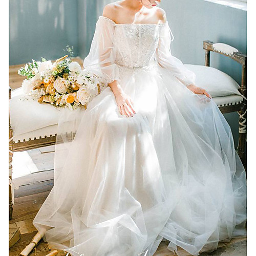 

Sheath / Column Wedding Dresses Off Shoulder Sweep / Brush Train Lace Tulle Long Sleeve Romantic with Appliques 2021