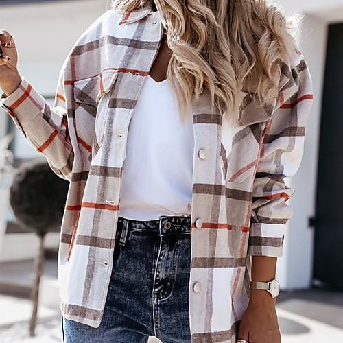 

Women's Plaid Spring & Fall Jacket Regular Daily Long Sleeve Polyster Coat Tops Pink plaid