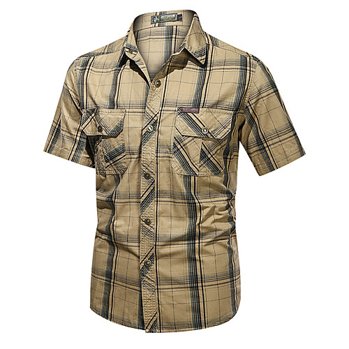 

Men's Shirt Other Prints Lattice Print Short Sleeve Daily Tops Cotton Military Blue Army Green Khaki