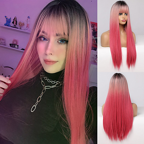 

Synthetic Wig Natural Straight Layered Haircut Neat Bang Wig 26 inch Black / Rose Synthetic Hair Women's Cosplay Party Fashion Red Black