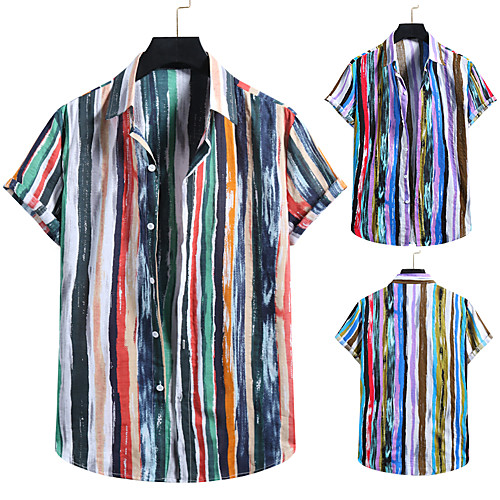 

Men's Shirt Other Prints Striped Colorful Print Short Sleeve Casual Tops Tropical Hawaiian Rainbow