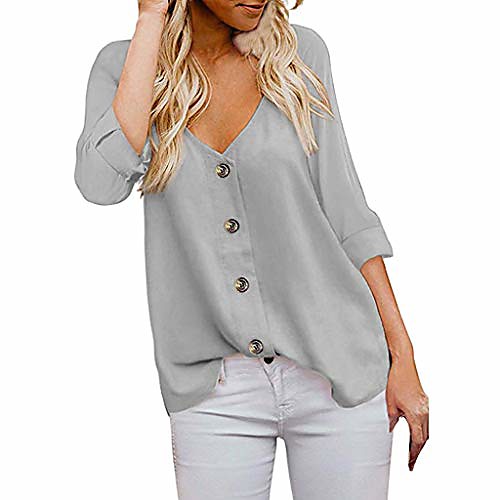 

women's v-neck shirt fashion 3/4 sleeve button loose solid color t-shirt top summer casual buttoned shirt top meeya gray