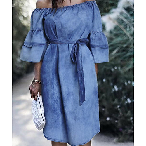 

Women's Denim Dress Knee Length Dress Ship around 2nd Blue Half Sleeve Solid Color Summer Off Shoulder Elegant 2021 S M L XL