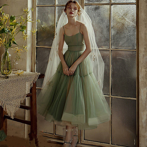 

A-Line Minimalist Elegant Wedding Guest Prom Dress Spaghetti Strap Sleeveless Tea Length Tulle with Sash / Ribbon Pleats 2021