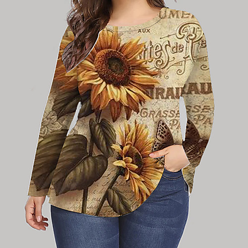 

Women's Plus Size Print Graphic Floral Daisy T shirt Large Size Crewneck Long Sleeve Tops XL XXL 3XL White Yellow khaki Big Size