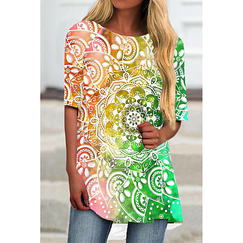 

Women's T Shirt Dress Tee Dress Short Mini Dress Green Rainbow Half Sleeve Floral Color Block Print Spring Summer Round Neck Casual 2021 S M L XL XXL 3XL