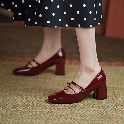 

Women's Heels Chunky Heel Square Toe PU Synthetics Wine Almond