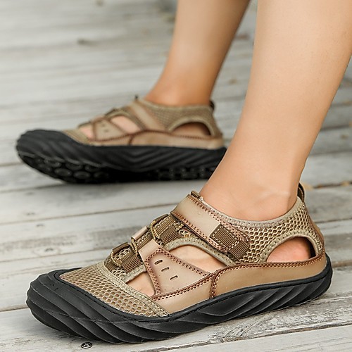 

Men's Sandals Casual Beach Daily Outdoor Walking Shoes Leather Mesh Breathable Non-slipping Shock Absorbing Black khaki Brown Summer
