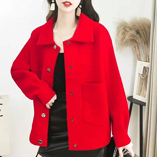 

Women's Solid Colored Chinoiserie Fall & Winter Pea Coat Regular Going out Long Sleeve Polyster Coat Tops White