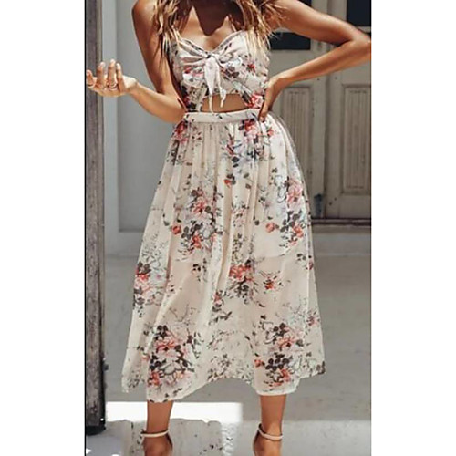 

A-Line Floral Boho Holiday Cocktail Party Dress Halter Neck Sleeveless Tea Length Chiffon with Bow(s) Pattern / Print 2021