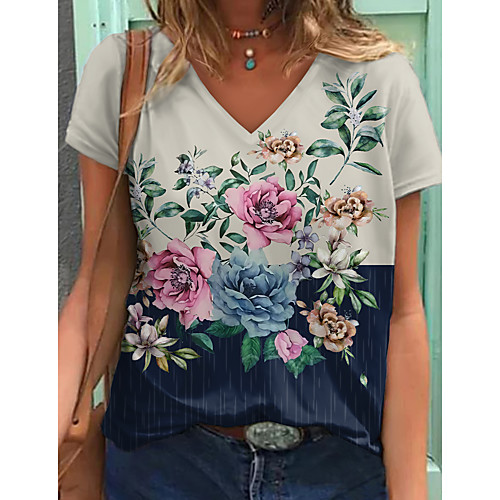 

Women's T shirt Graphic Color Block Floral Print V Neck Tops Basic Basic Top White