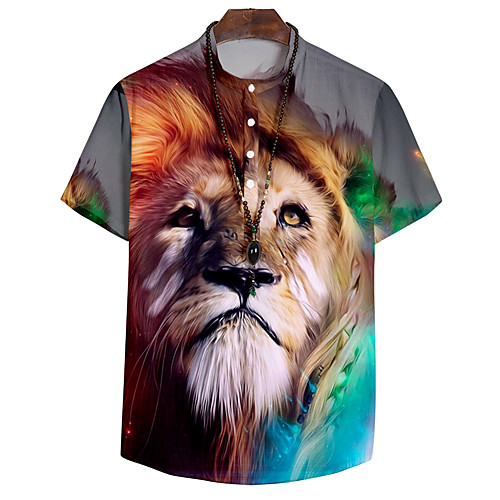 

Men's Shirt 3D Print Lion Animal Button-Down 3D Print Short Sleeve Casual Tops Casual Fashion Breathable Comfortable Rainbow