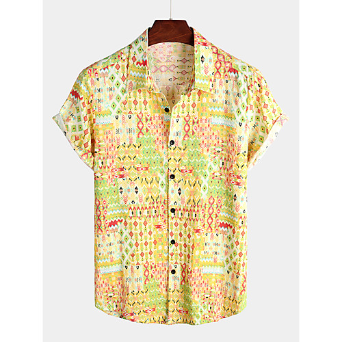 

Men's Shirt Tribal Short Sleeve Daily Tops Cotton Basic Boho Yellow