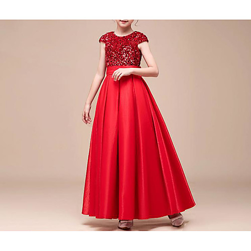 

A-Line Floor Length Event / Party / Formal Evening Flower Girl Dresses - Sequined Cap Sleeve Jewel Neck with Bow(s) / Solid / Splicing