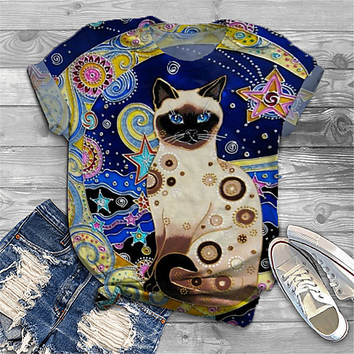 

Women's Plus Size Print Cat Graphic Animal T shirt Large Size Crewneck Short Sleeve Basic Tops XL XXL 3XL Blue Big Size