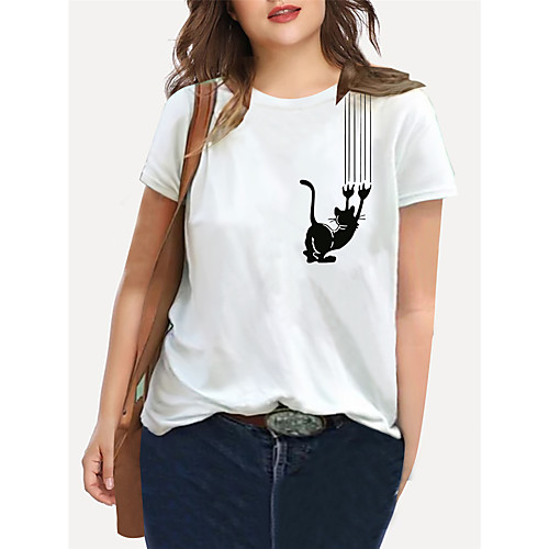 

Women's Plus Size Print Cat Graphic Animal T shirt Large Size Crewneck Short Sleeve Basic Tops XL XXL 3XL White Blue Big Size