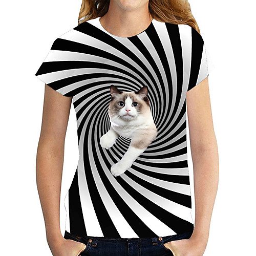 

Women's T shirt Cat Graphic 3D Print Round Neck Tops Basic Basic Top Black