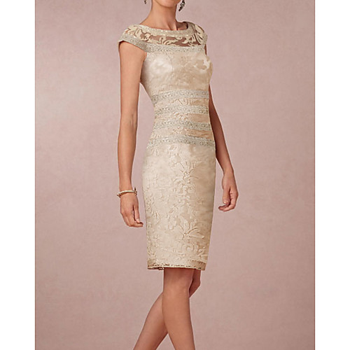 

A-Line Mother of the Bride Dress Elegant & Luxurious Jewel Neck Knee Length Lace Short Sleeve with Appliques 2021
