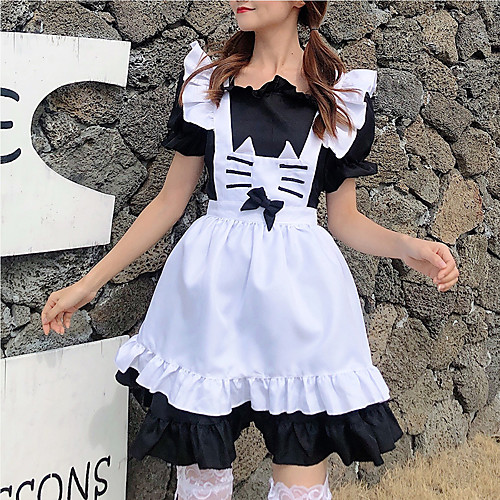 

Lolita Maid Uniforms Cute Dress Maid Suits Women's Japanese Cosplay Costumes Black Solid Color Short Sleeve Above Knee / Apron