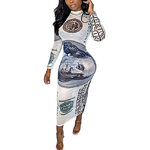 

women's dollar money print sexy mesh see through dresses long sleeve midi bodycon party club dress white