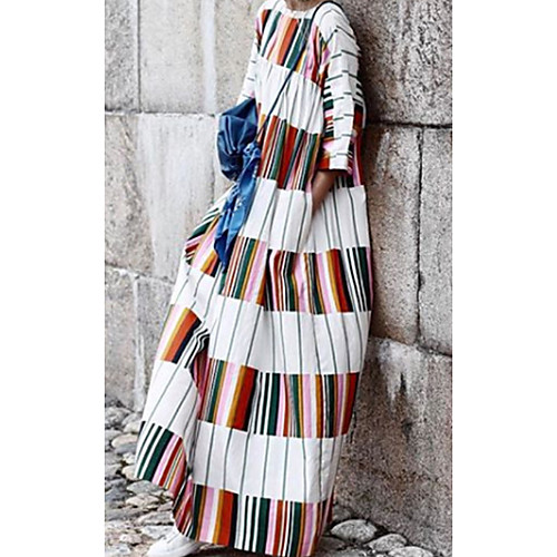 

Women's Sheath Dress Maxi long Dress White Long Sleeve Striped Solid Color Print Spring Summer Round Neck Casual 2021 S M L XL XXL 3XL