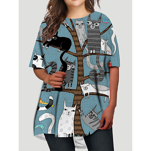 

Women's Plus Size Cat Graphic Animal Print Casual Half Sleeve Fall Short Mini Dress T Shirt Dress Tee Dress Blue