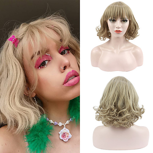 

Women's Short Blonde Curly Wavy Wig with Bangs Synthetic Hair Full Wig Heat Resistant Free Cap 12 Inch