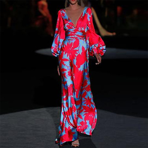 

Women's Trumpet / Mermaid Dress Maxi long Dress Yellow Gray Green Red Long Sleeve Floral Print Print Fall Spring V Neck Classic & Timeless Elegant Party 2021 S M L XL XXL 3XL