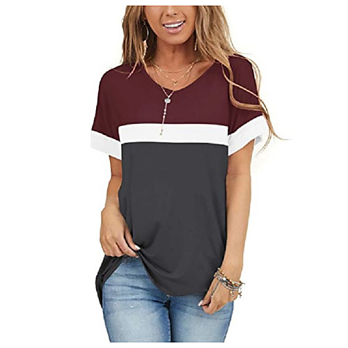 

Women's T shirt Color Block Patchwork Round Neck Tops Basic Basic Top Black Wine Army Green