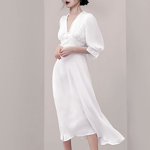 

A-Line Empire Minimalist Holiday Cocktail Party Dress V Neck Half Sleeve Tea Length Chiffon with Buttons 2021