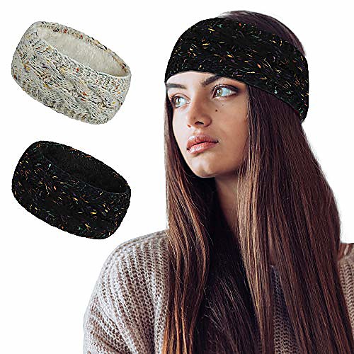 

soft thick knit fleece lined womens cold weather winter headband ear warmer 2 pack value (confetti black/confetti beige)