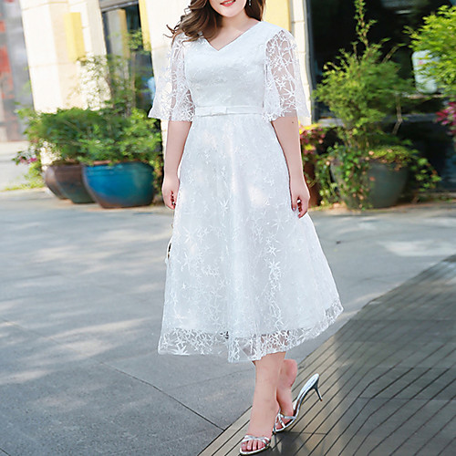 

A-Line Plus Size Elegant Homecoming Cocktail Party Dress V Neck Half Sleeve Tea Length Lace with Bow(s) Embroidery 2021